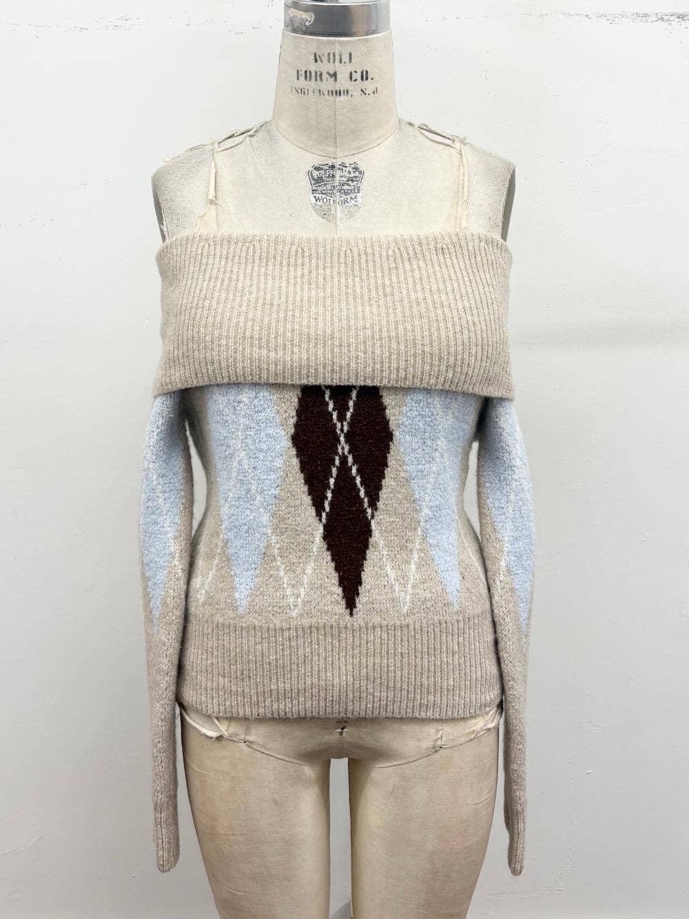 Off-the-Shoulder Argyle Knit Sweater