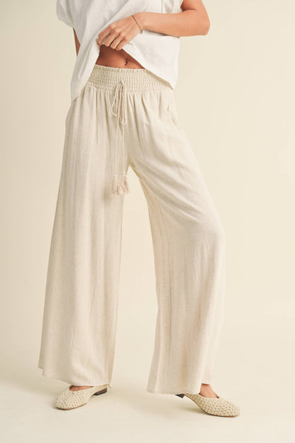 MMP469   COTTON LINEN SMOCKED WAIST PANTS WITH TASSEL