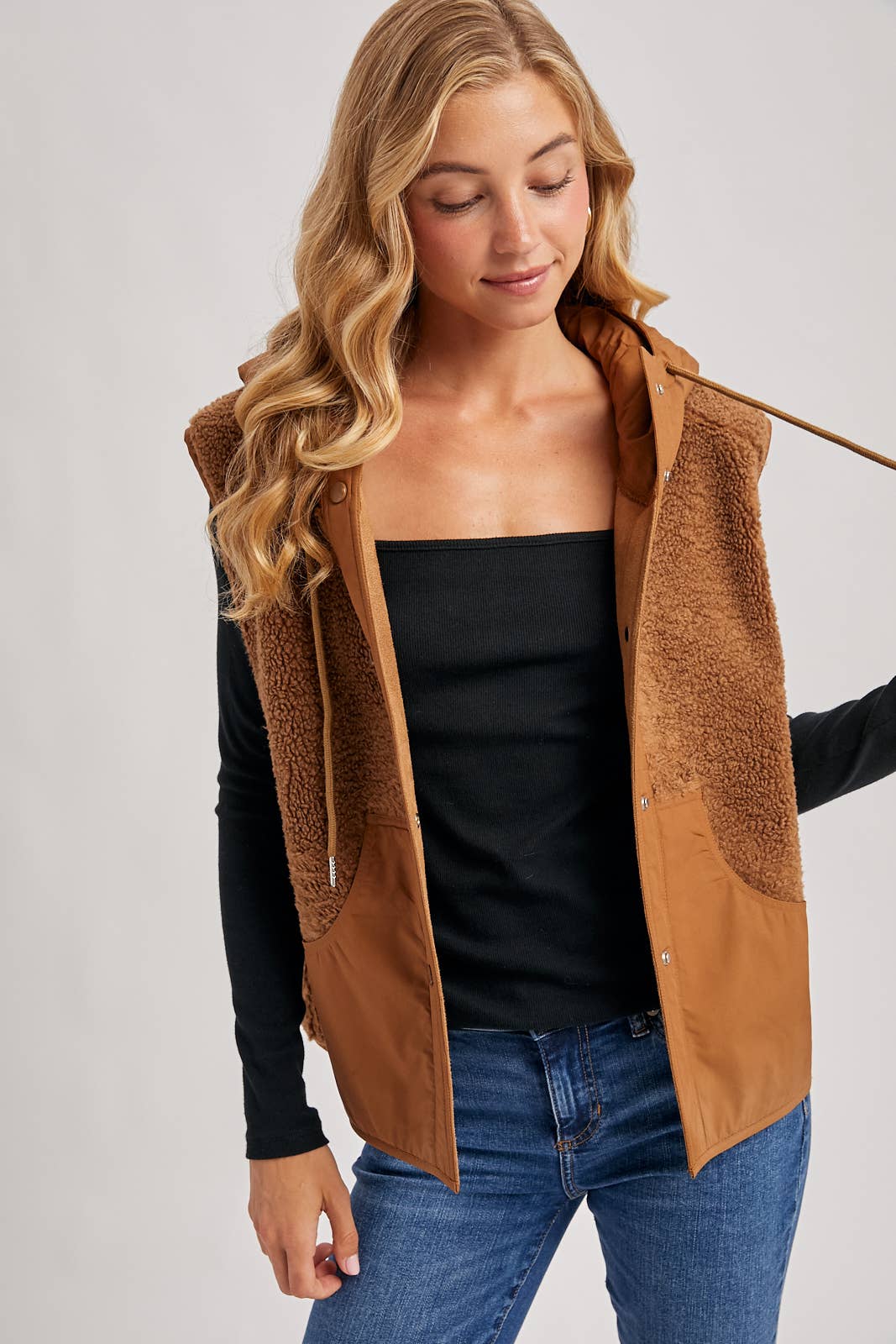 SHERPA FLEECE HOODED VEST WITH FAUX SUEDE INNER