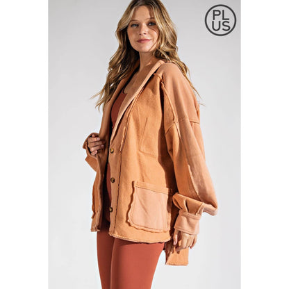 PLUS COTTON FRENCH TERRY MINERAL WASHED JACKET: Mocha / 3X