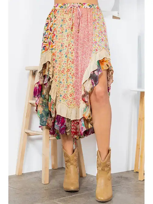 Overdyed Mid-Length Rayon Printy Skirt Boho Babe (XS-S-M)