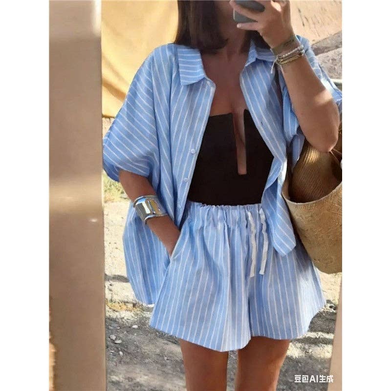 Summer Striped Shirt Pocket Shorts Loose Casual Set Women