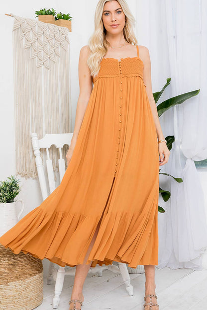 FLOWY  SMOCKED BUTTON DOWN MAXI DRESS: L / BLACK