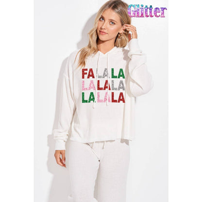 Falalala glitter print rib Hoodie loungewear set