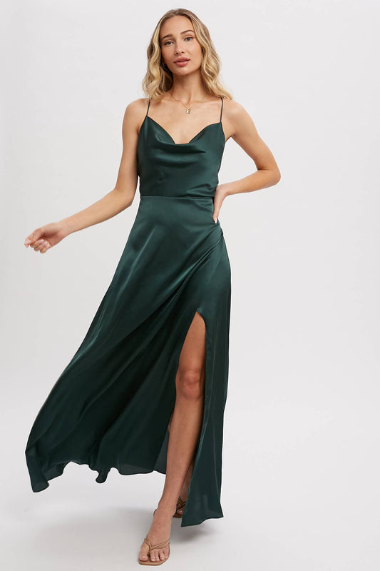 DRAPE NECK SILKY MAXI DRESS: HUNTER GREEN / S