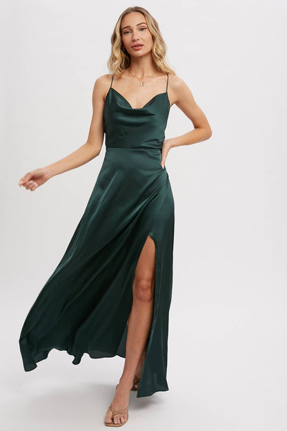 DRAPE NECK SILKY MAXI DRESS: HUNTER GREEN / L
