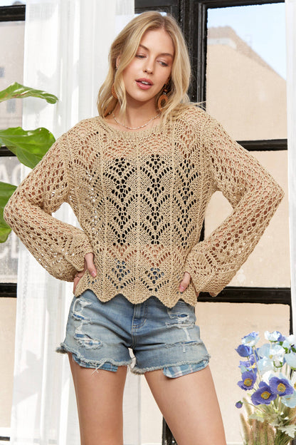 CESW3797WN- LONG SLEEVES ROUND NECK CROCHET TOP