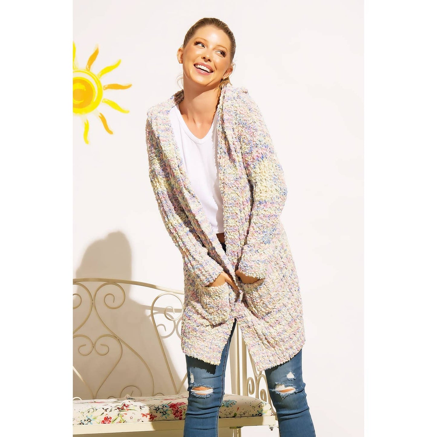RIBBED POPCORN KNIT LONG OPEN HOODIE CARDIGAN: Adobe / ML