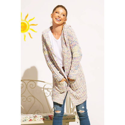 RIBBED POPCORN KNIT LONG OPEN HOODIE CARDIGAN: Adobe / ML