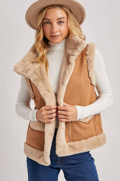 FAUX SUEDE WITH FAUX SHEARLING LINING TRIM VEST