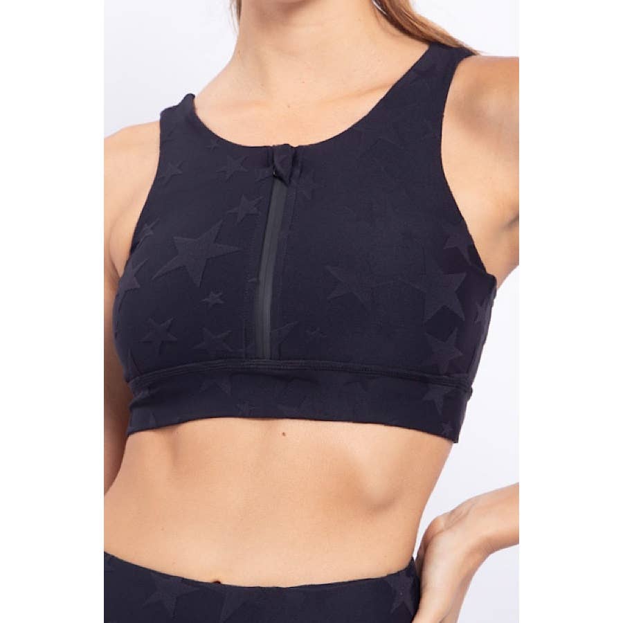 PLUS SIZE ACTIVEWEAR STAR PRINT FRONT ZIP SPORTS BRA: Navy / XL