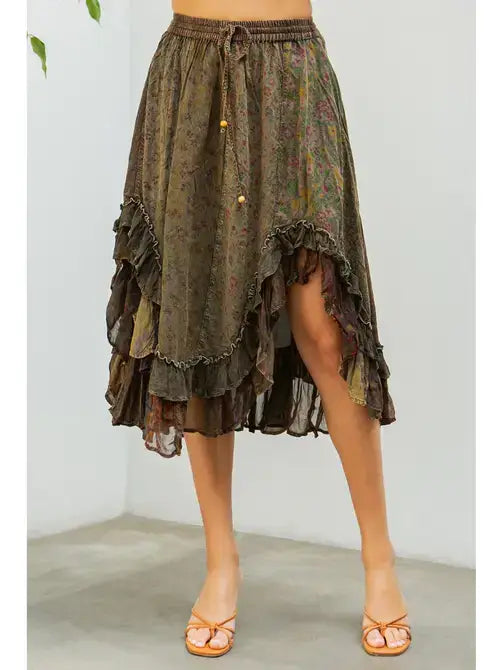 Overdyed Mid-Length Rayon Printy Skirt Boho Babe (XS-S-M)