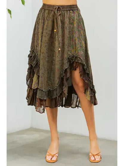 Overdyed Mid-Length Rayon Printy Skirt Boho Babe (XS-S-M)