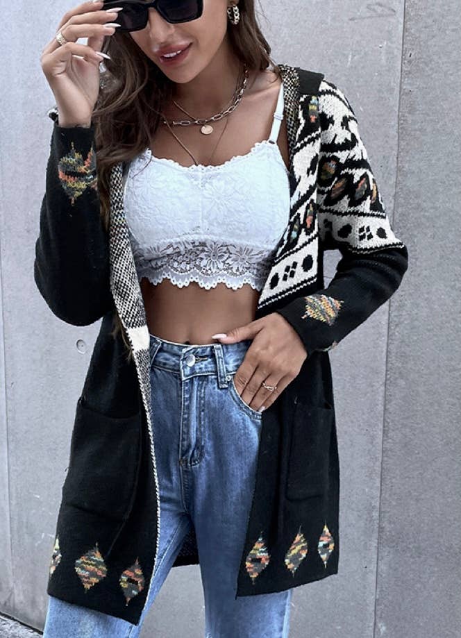 Black Geo Pattern HoodedOpen Front Cardigan with belt: Multi-Colored / S