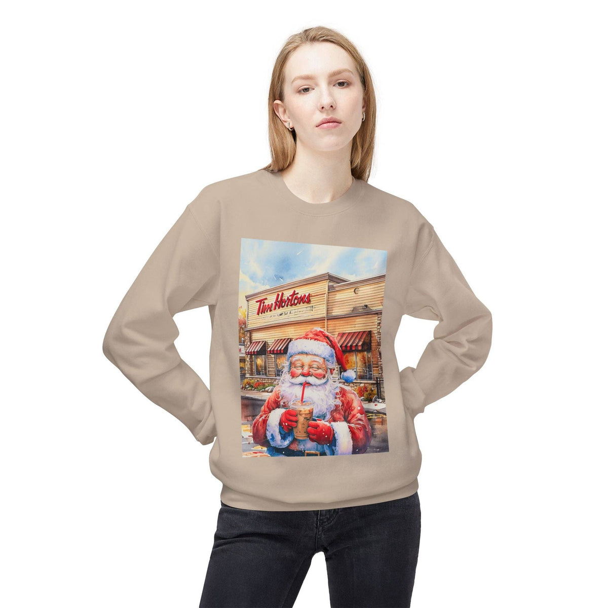 Santa with an Iced Coffee at Tim Horton's Cozy Unisex Christmas Crewneck Sweatshirt