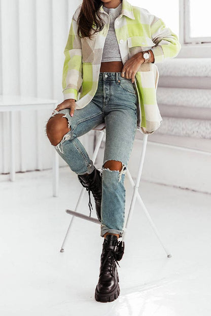 Colorful Open Button Pockets Plaid Shackets FHB012