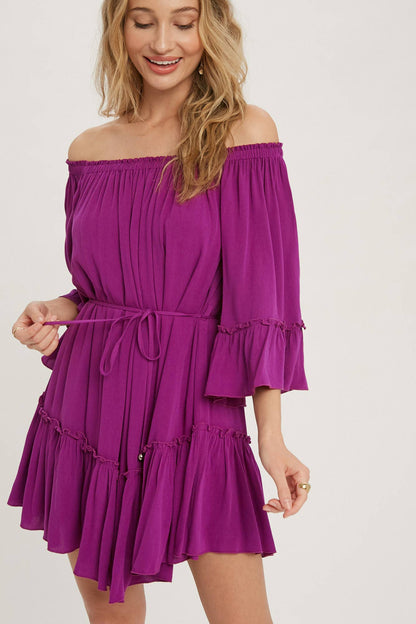 RUFFLED SOLID BOHO DRESS: ORCHID / M