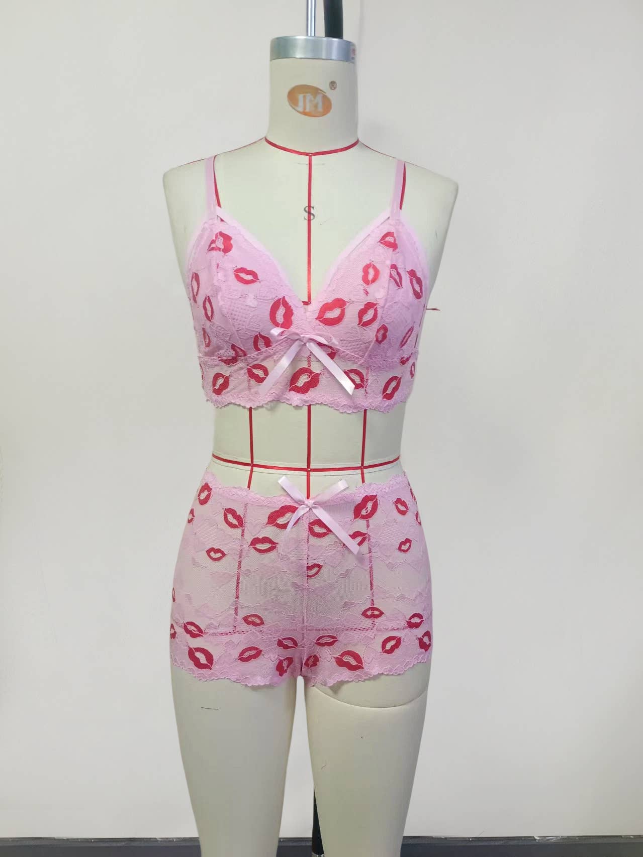 Sexy Red Lip Bow Bra Two-Piece Set