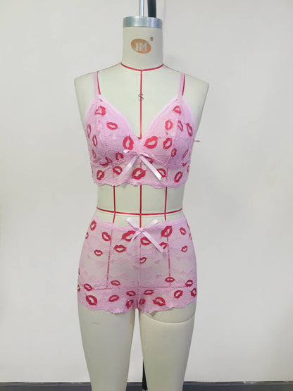 Sexy Red Lip Bow Bra Two-Piece Set