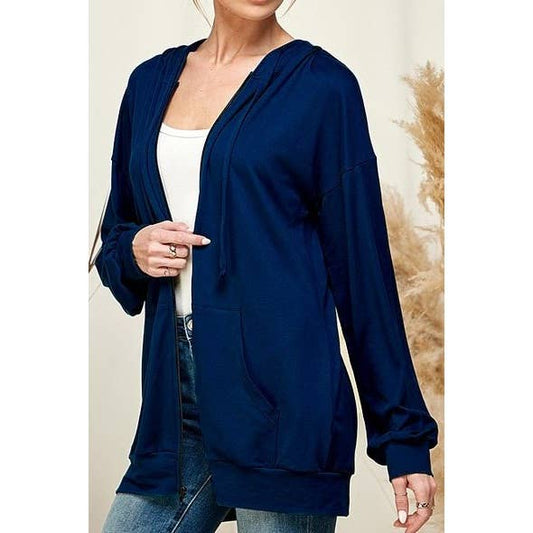 T7463 ZIP FRONT HOOD KNIT JACKET: Navy / 1X