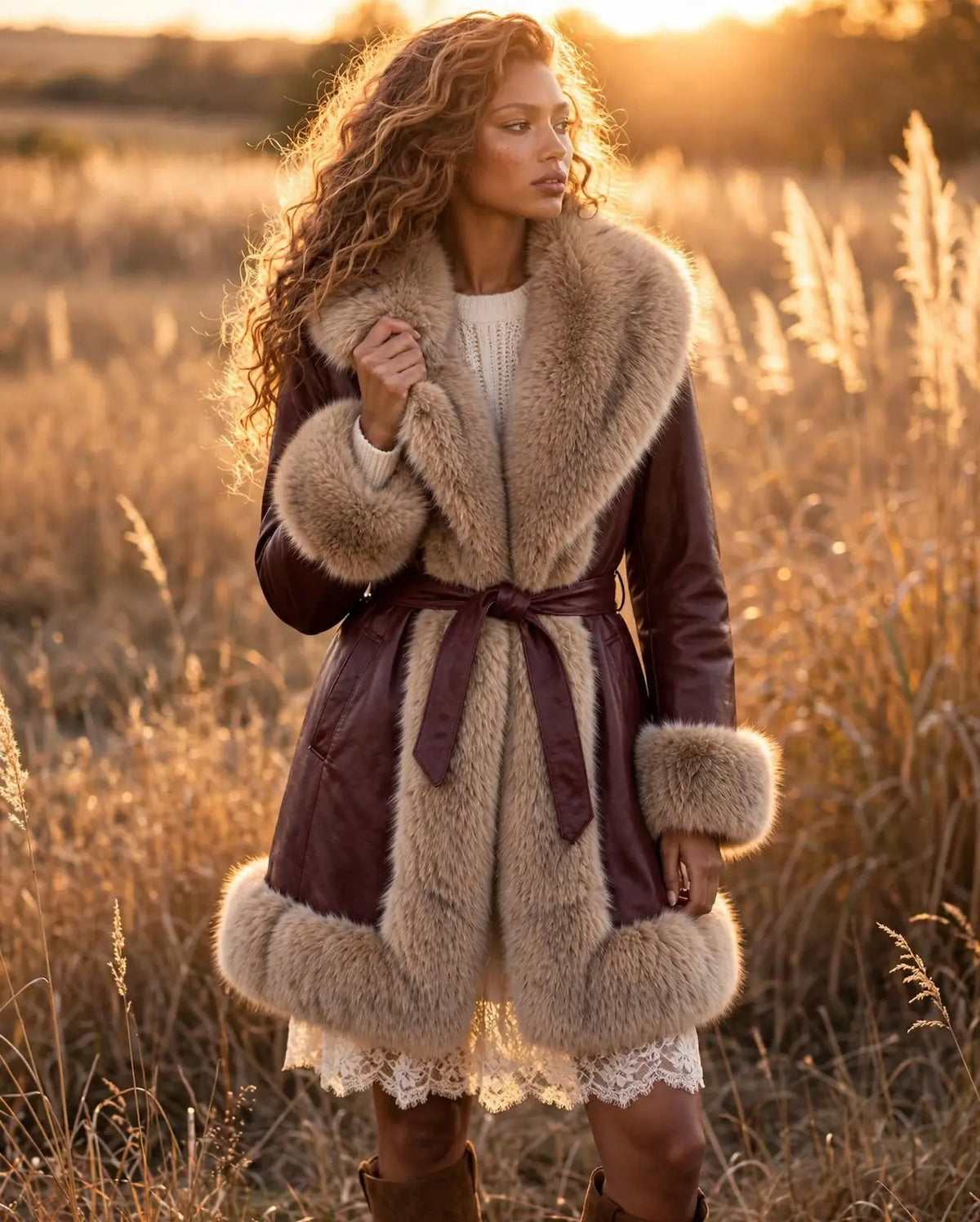 CLAPC0018: Women's Faux Leather Coat, Faux Fur Contrast Trim