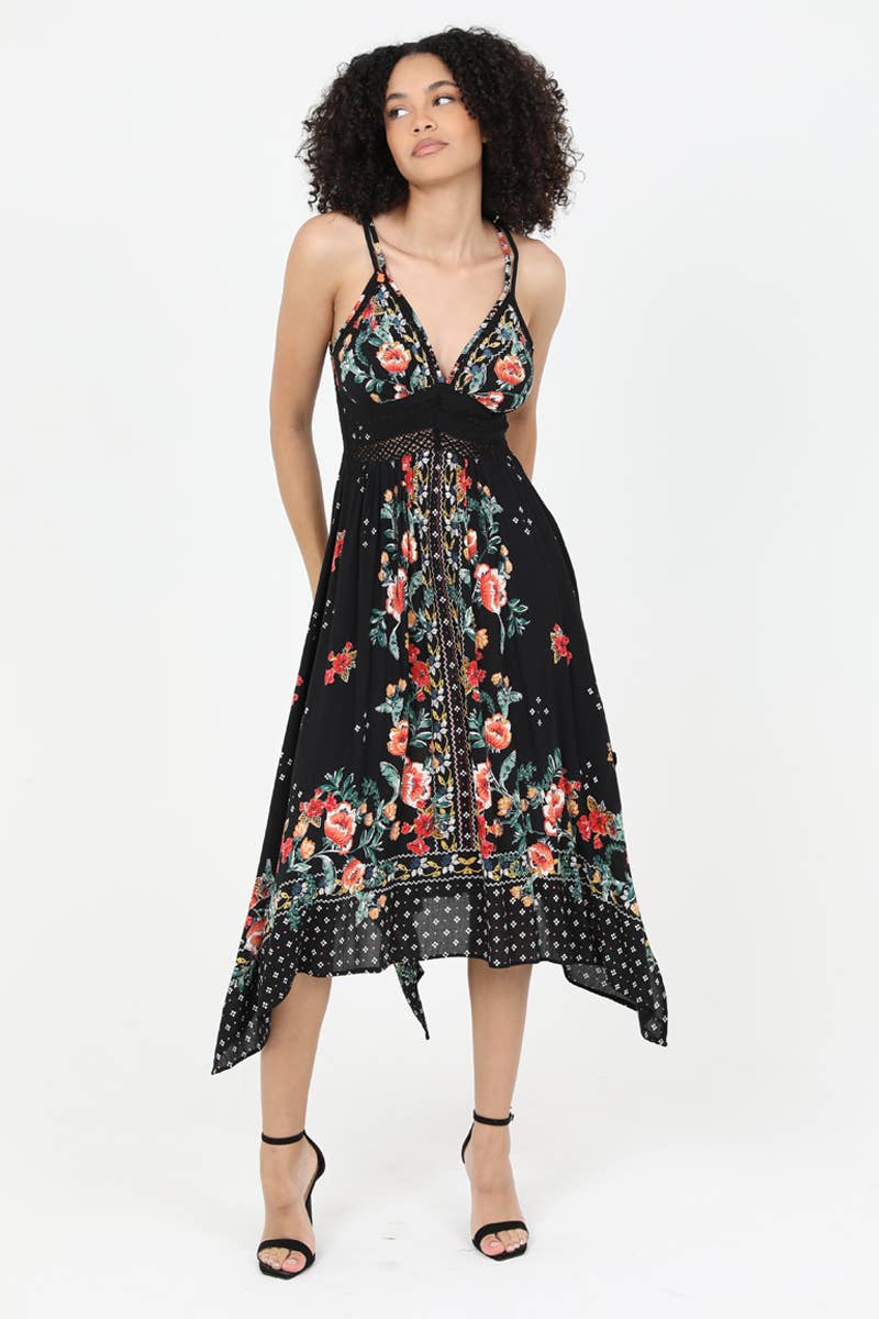 C4B17-A652 V NECK HANKY HEM MIDI DRESS WITH LACE WAIST