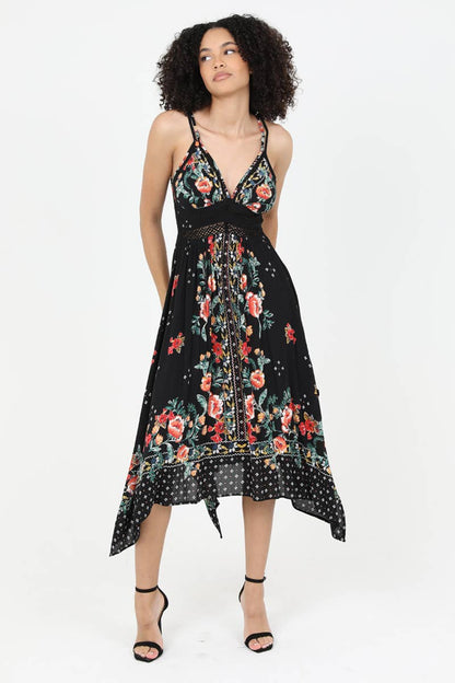 C4B17-A652 V NECK HANKY HEM MIDI DRESS WITH LACE WAIST
