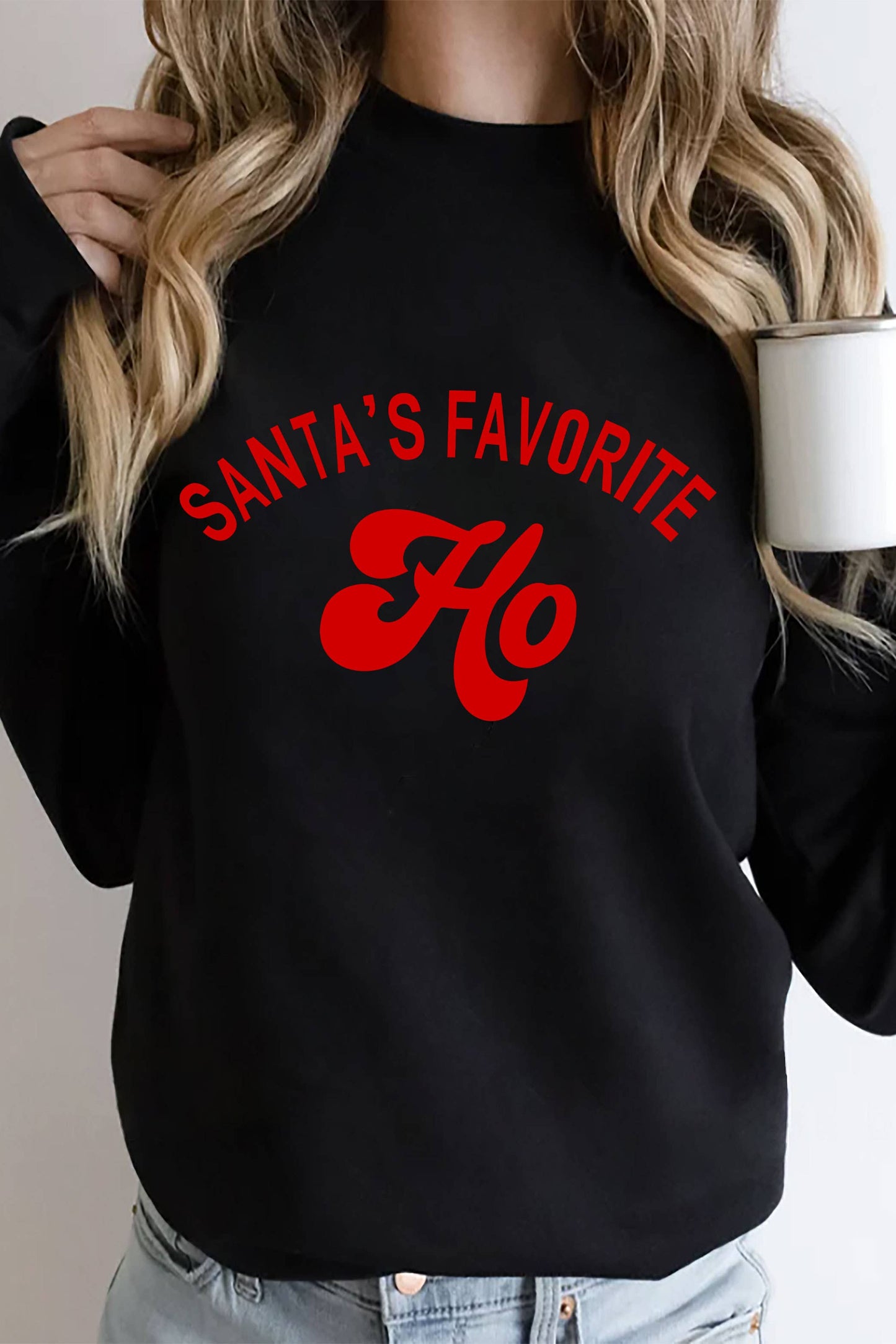 Santa's Favorite HO, Christmas, Unisex Crew-Neck FLEECE Sweatshirt: Black/Red / L