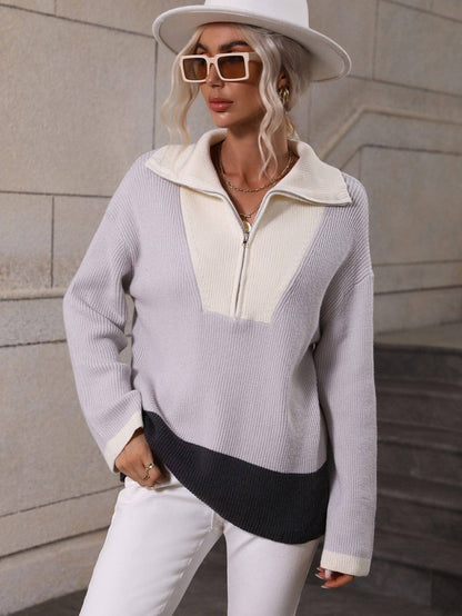 Color Block Half-Zip Dropped Shoulder Knit Pullover: Blue / L