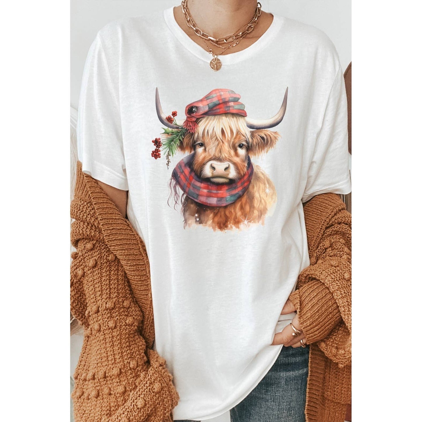 Plaid Cozy Long Horn Christmas Cow Graphic Tee
