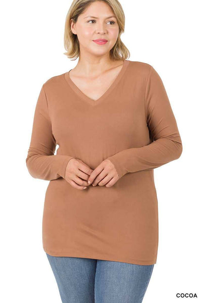 Plus Size Brushed Microfiber Long Sleeve V-neck Tee