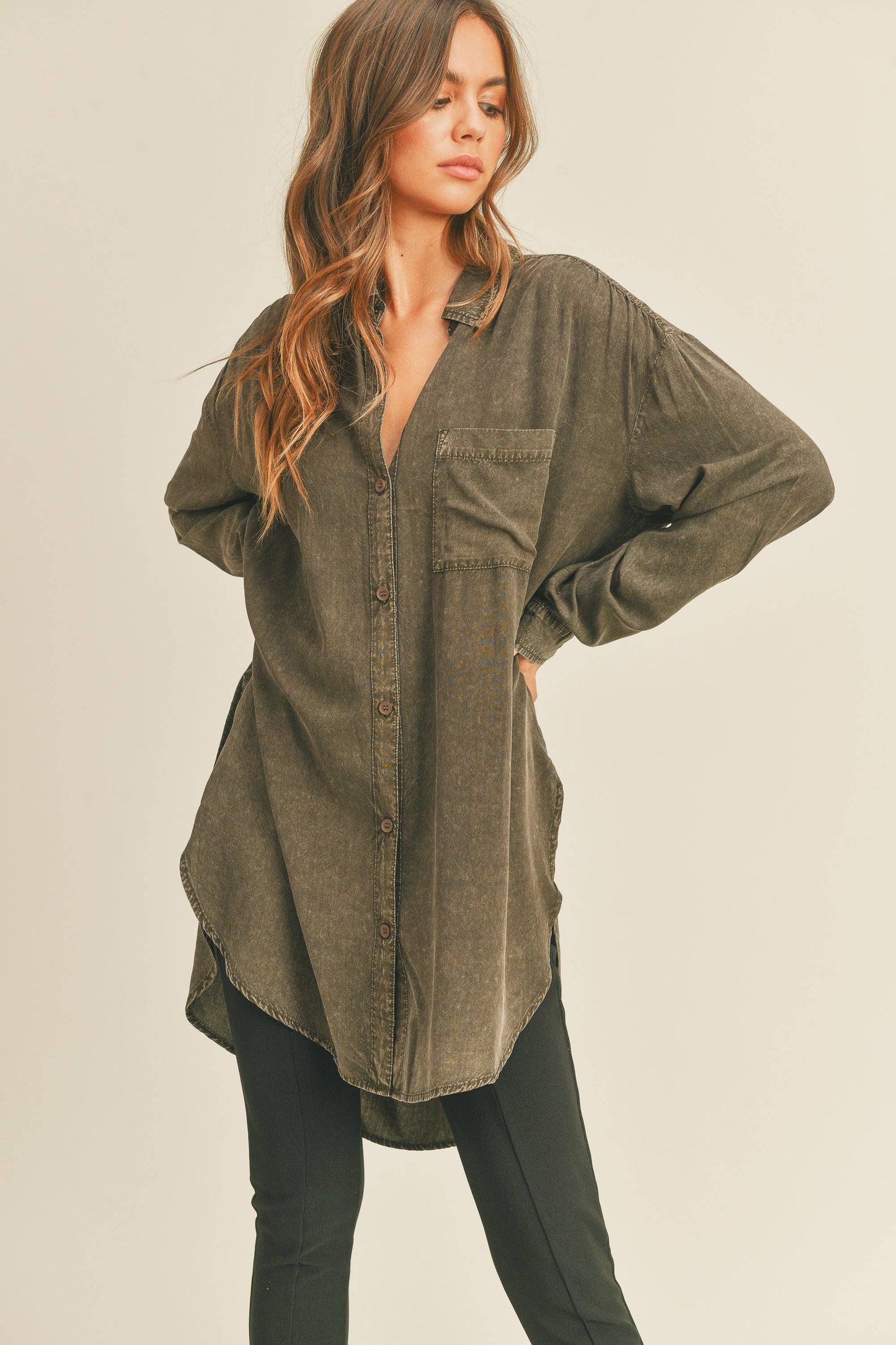 MMT1627 WASHED BUTTONDOWN LONG SHIRTS: WHITE / L