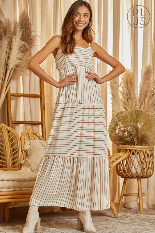 PLUS Striped Babydoll Fit Dress With Back tie PD10439: IVORY RUST / 2X