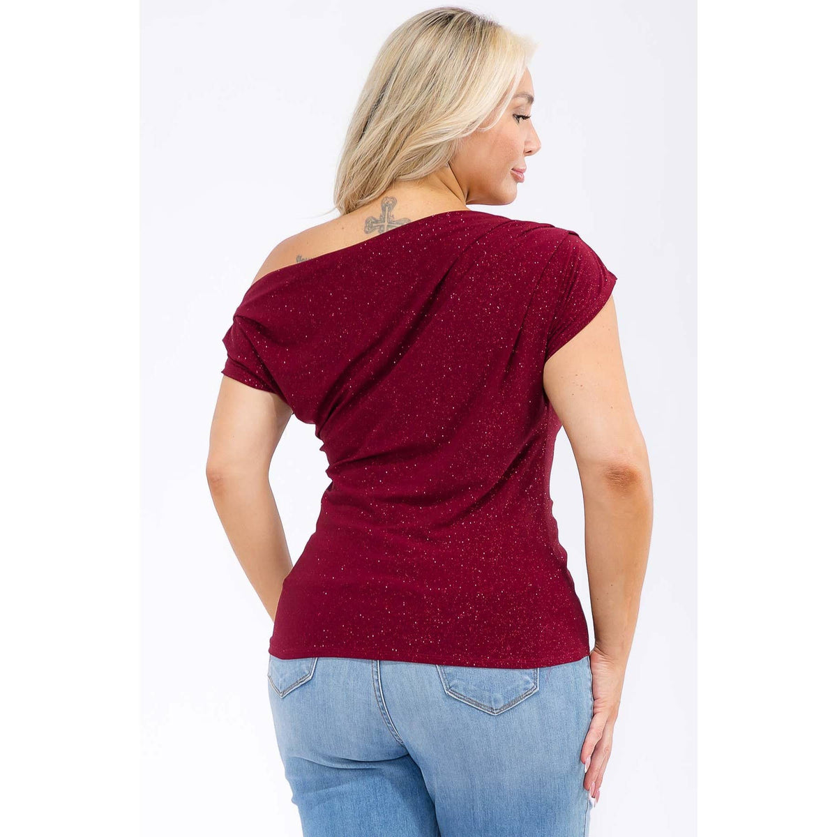 PLUS SIZE GLITTER OFF SHOULDER RUCHED SLEEVE TOP