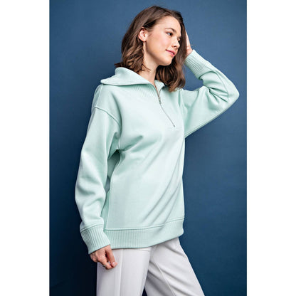 FRENCH TERRY RIBBED MOCK NECK PULLOVER: Sky Blue / M