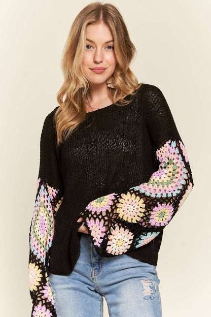 CESW3576 - MULTI COLOR CROCHET SLEEVE LOOSE TOP
