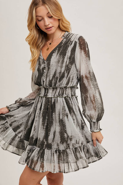 ANIMAL PRINT LONG SLEEVED V-NECK MINI DRESS