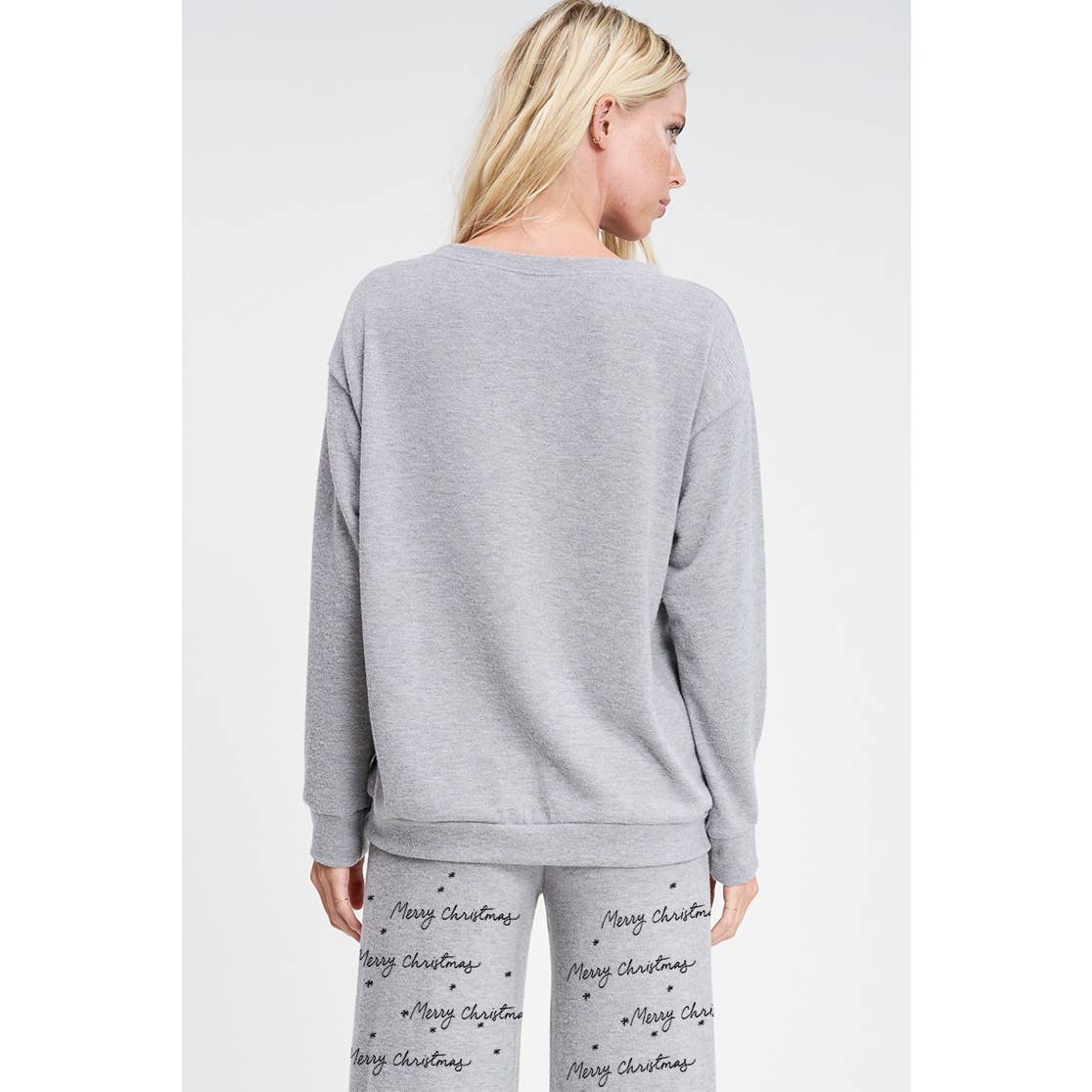 Merry Christmas print soft lounge wear set: Heather Grey / S