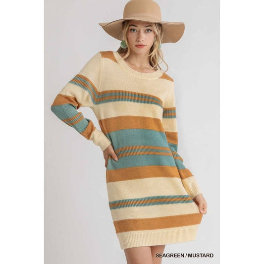 Multi Stripe Long Sleeve Knit Sweater Dress: Grey Navy / M