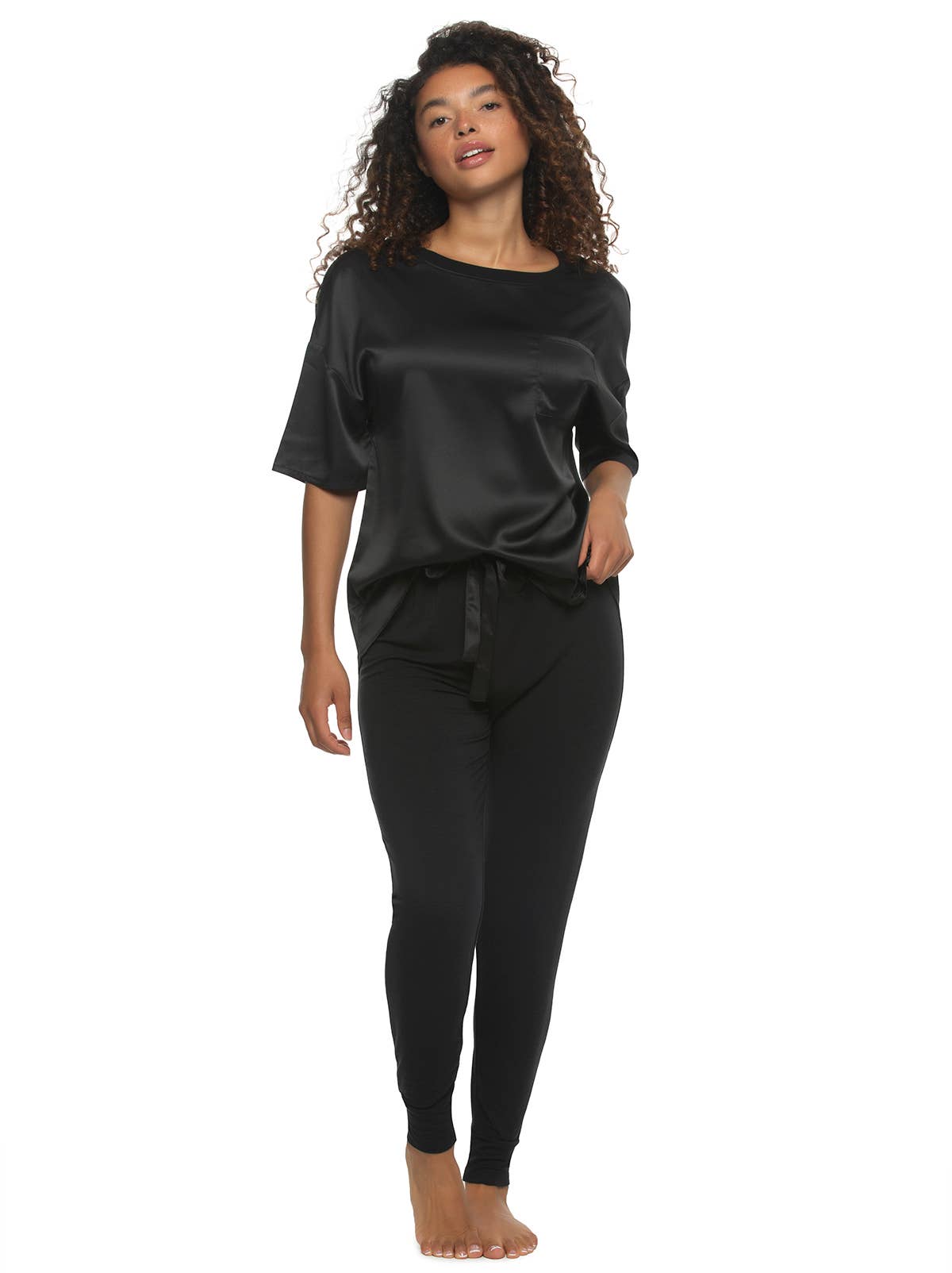 Elysees Satin Tee and Knit Jogger Set: Black (BLK) / XL