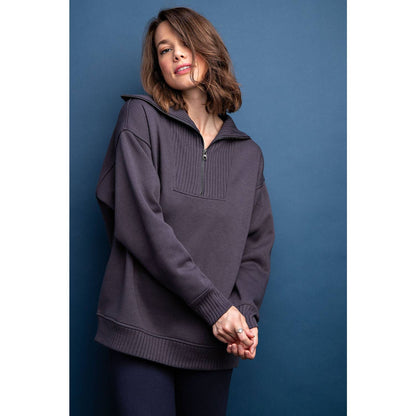 FRENCH TERRY RIBBED MOCK NECK PULLOVER: Sky Blue / S