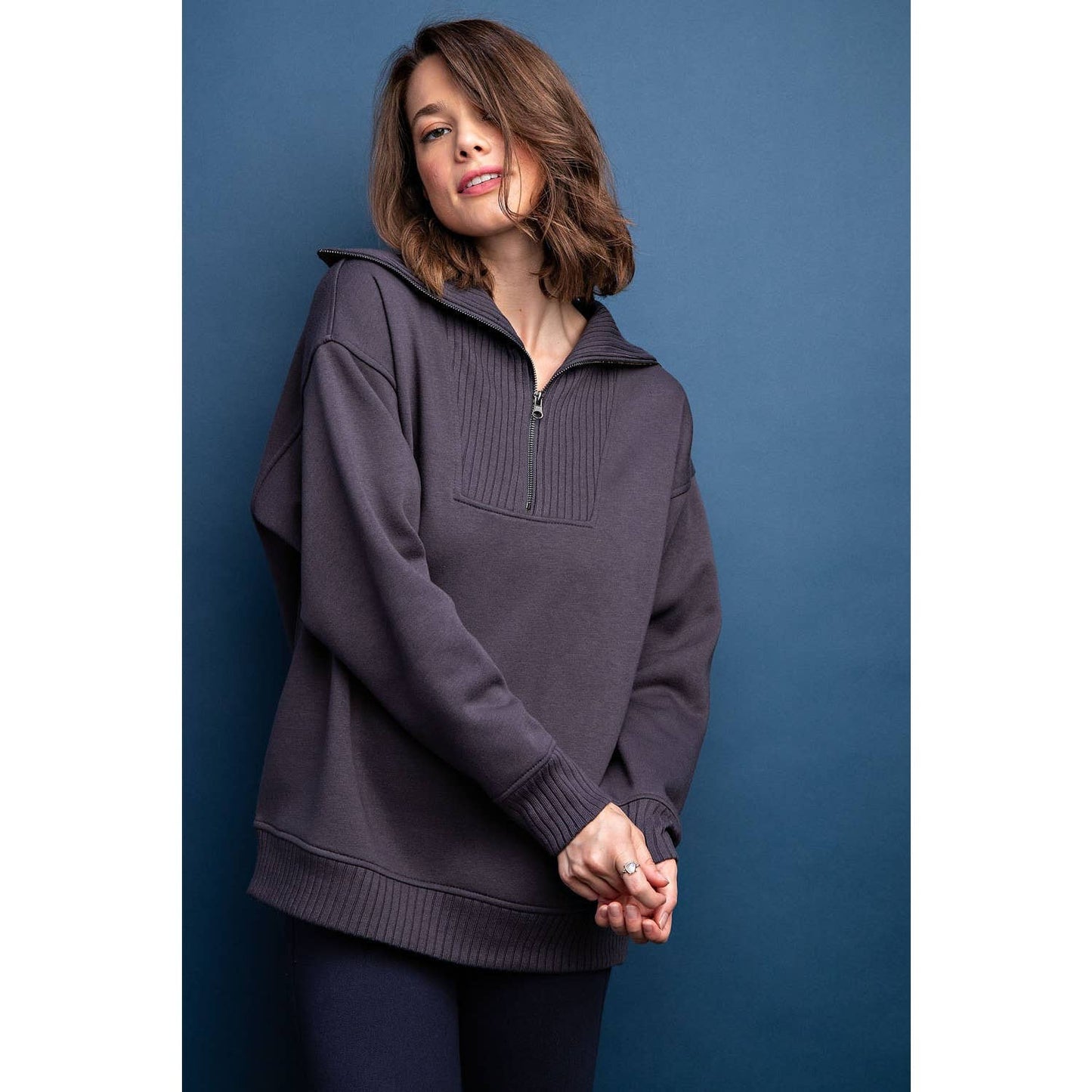 FRENCH TERRY RIBBED MOCK NECK PULLOVER: Sky Blue / M