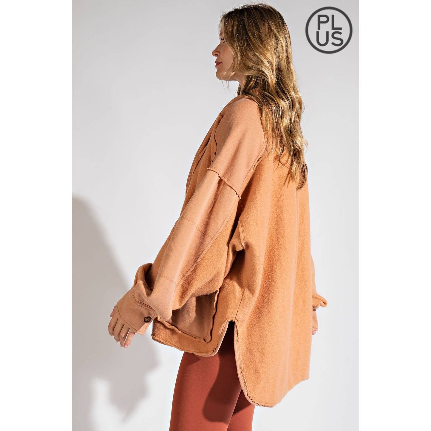 PLUS COTTON FRENCH TERRY MINERAL WASHED JACKET: Mocha / 3X