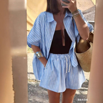 Summer Striped Shirt Pocket Shorts Loose Casual Set Women