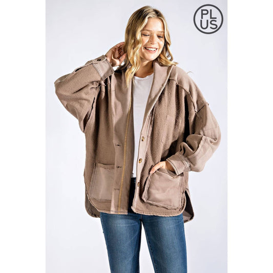 PLUS COTTON FRENCH TERRY MINERAL WASHED JACKET: Mocha / 2X