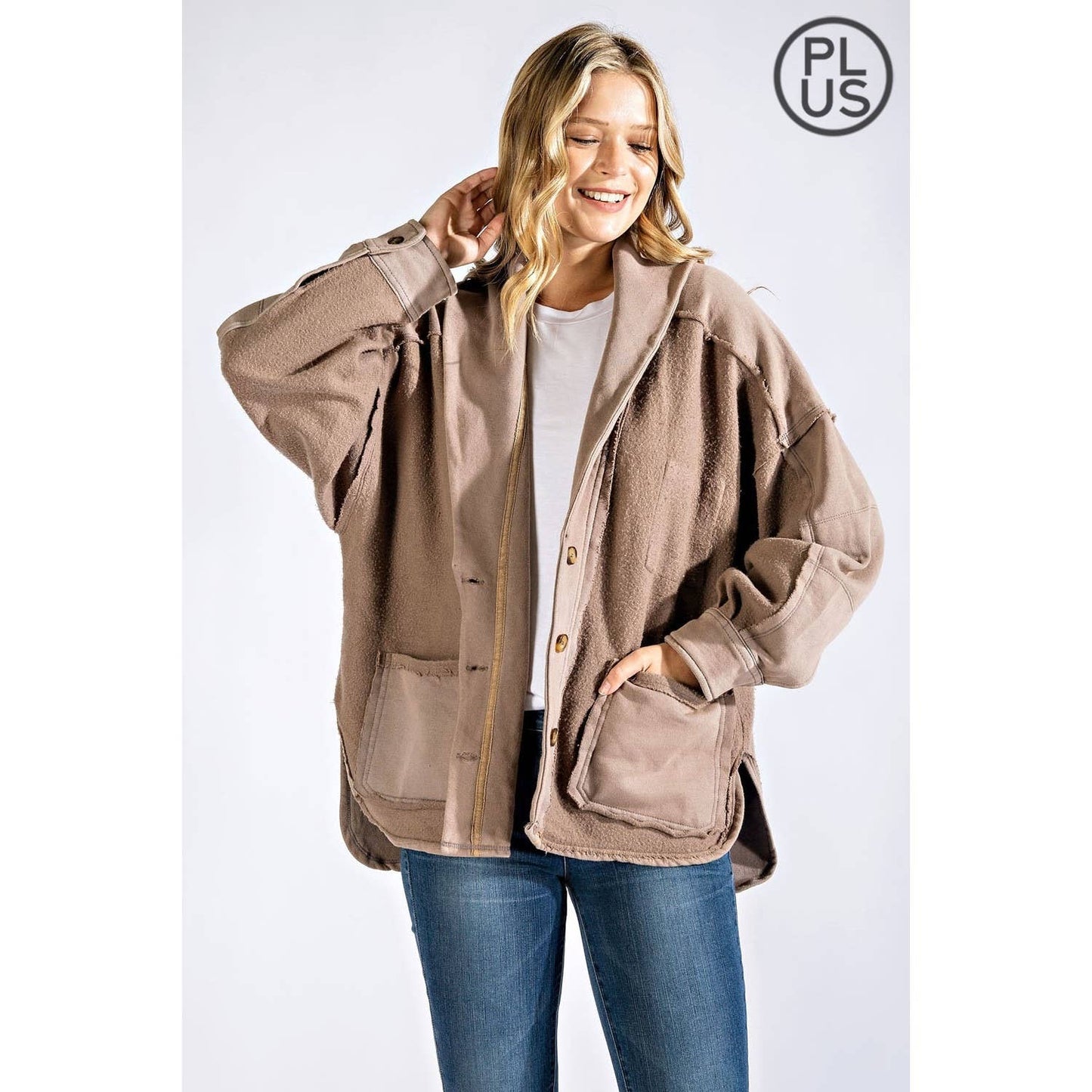 PLUS COTTON FRENCH TERRY MINERAL WASHED JACKET: Mocha / 3X