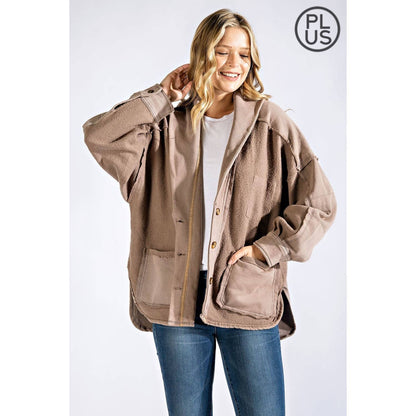 PLUS COTTON FRENCH TERRY MINERAL WASHED JACKET: Mocha / 3X