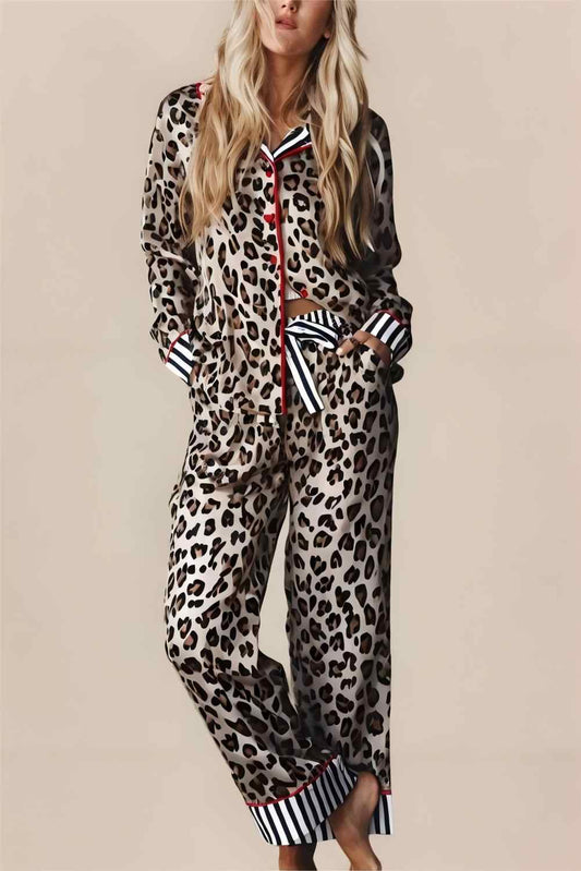 Leopard Print Striped Edge Shirt and Pants Pajama Set