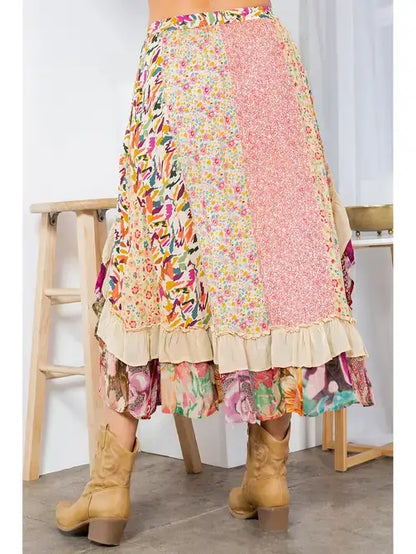 Overdyed Mid-Length Rayon Printy Skirt Boho Babe (XS-S-M)