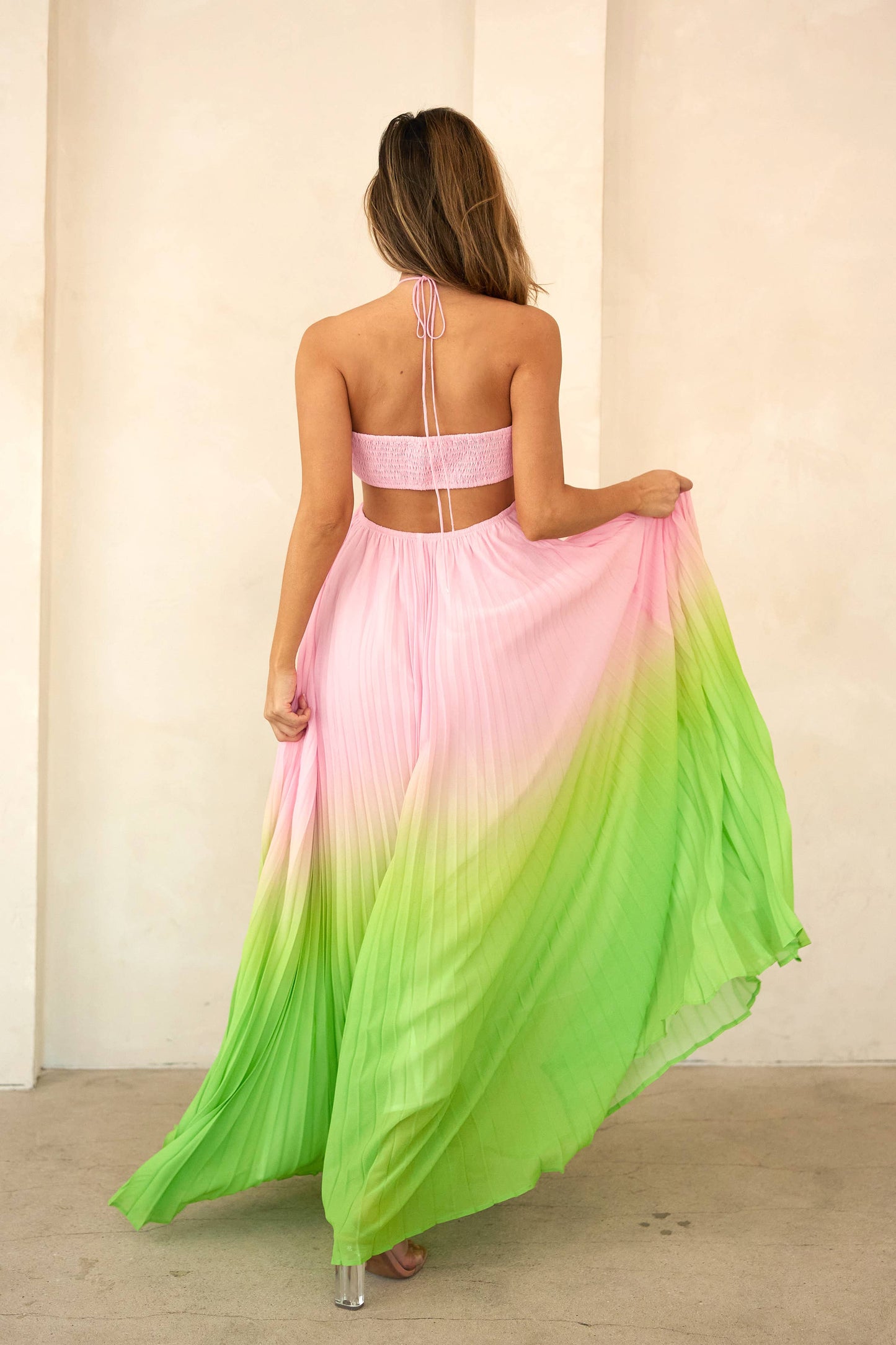 LD1065 Sweetheart neck pleated maxi halter dress: Pink/Lime / Contemporary / M